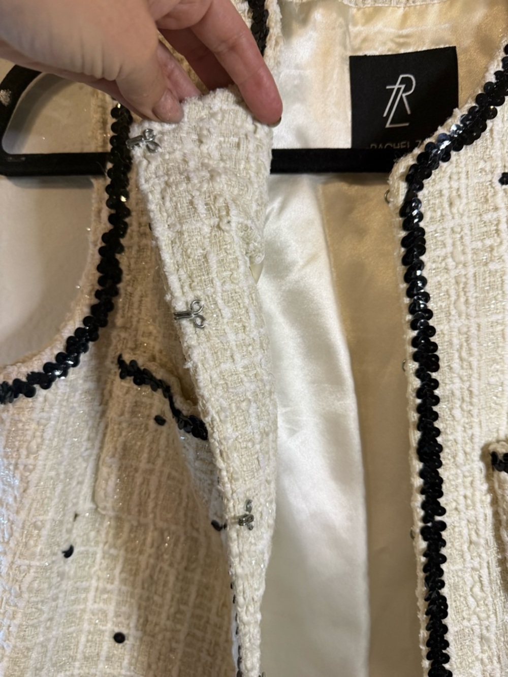 Rachel Zoe white tweed vest featuring black sequin trim and patch pocket - Picture 7 of 7
